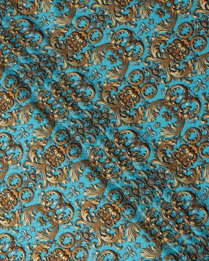 Blue and Gold Ornamental Baroque Print on Premium Pure Italian Silk Satin Fabric, 140 Cms Width, Italy-D24785