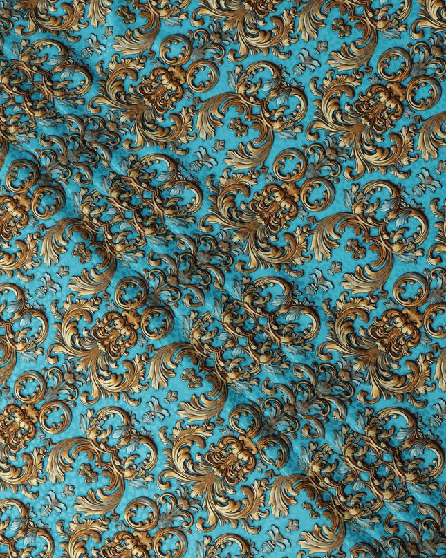 Blue and Gold Ornamental Baroque Print on Premium Pure Italian Silk Satin Fabric, 140 Cms Width, Italy-D24785