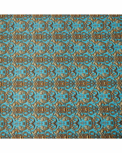 Blue and Gold Ornamental Baroque Print on Premium Pure Italian Silk Satin Fabric, 140 Cms Width, Italy-D24785