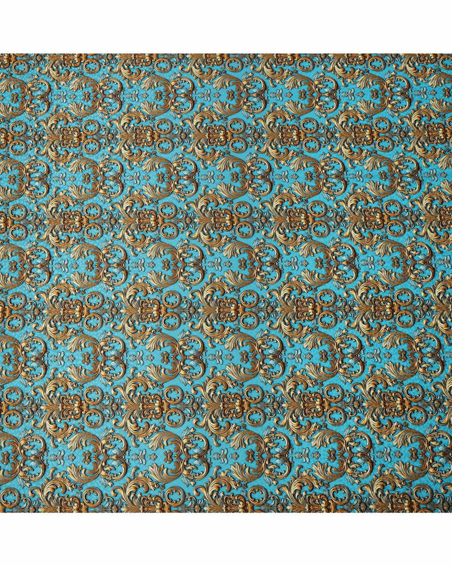 Blue and Gold Ornamental Baroque Print on Premium Pure Italian Silk Satin Fabric, 140 Cms Width, Italy-D24785