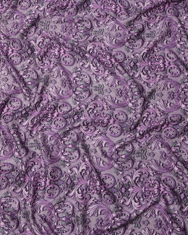 Purple Ornamental Baroque Print on Premium Pure Italian Silk Satin Fabric, 140 Cms Width, Italy-D24786
