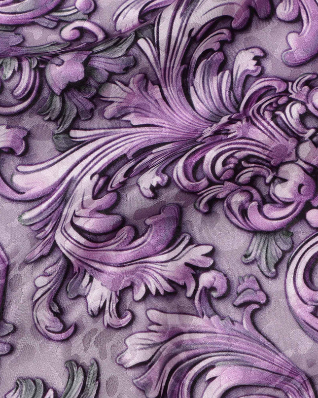 Purple Ornamental Baroque Print on Premium Pure Italian Silk Satin Fabric, 140 Cms Width, Italy-D24786