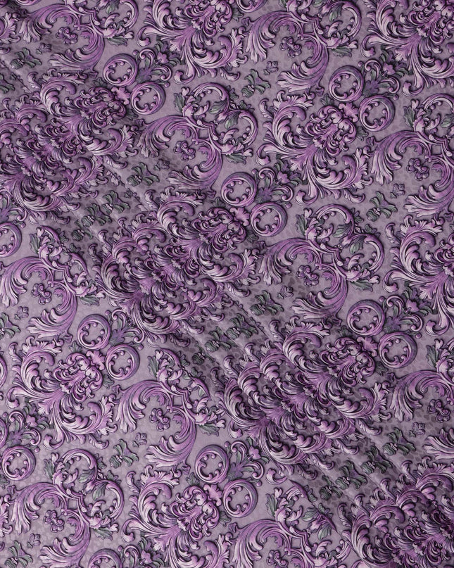 Purple Ornamental Baroque Print on Premium Pure Italian Silk Satin Fabric, 140 Cms Width, Italy-D24786