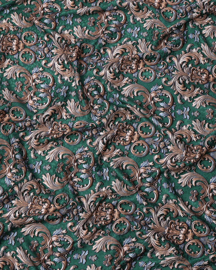 Green and Gold Ornamental Baroque Print on Premium Pure Italian Silk Satin Fabric, 140 Cms Width, Italy-D24784