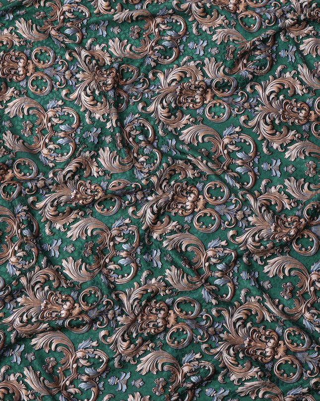 Green and Gold Ornamental Baroque Print on Premium Pure Italian Silk Satin Fabric, 140 Cms Width, Italy-D24784
