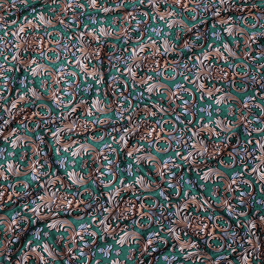 Green and Gold Ornamental Baroque Print on Premium Pure Italian Silk Satin Fabric, 140 Cms Width, Italy-D24784