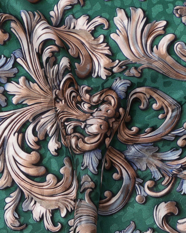 Green and Gold Ornamental Baroque Print on Premium Pure Italian Silk Satin Fabric, 140 Cms Width, Italy-D24784