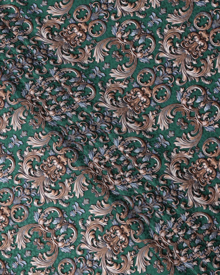Green and Gold Ornamental Baroque Print on Premium Pure Italian Silk Satin Fabric, 140 Cms Width, Italy-D24784