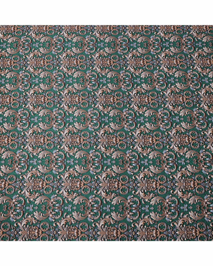Green and Gold Ornamental Baroque Print on Premium Pure Italian Silk Satin Fabric, 140 Cms Width, Italy-D24784