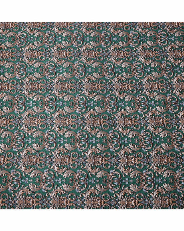 Green and Gold Ornamental Baroque Print on Premium Pure Italian Silk Satin Fabric, 140 Cms Width, Italy-D24784