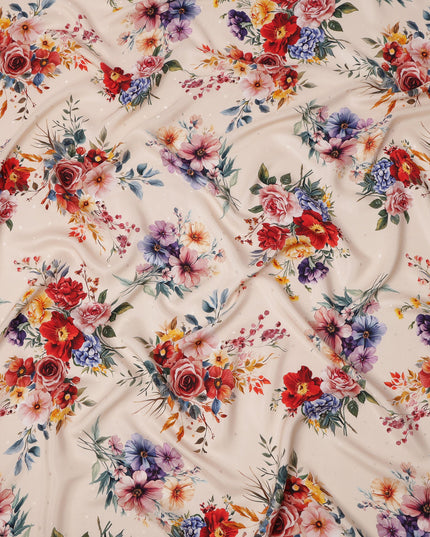 باقة زهور كريمية متعددة الألوان مطبوعة على قماش حرير ساتان إيطالي فاخر، عرض 140 سم، إيطاليا - D24782