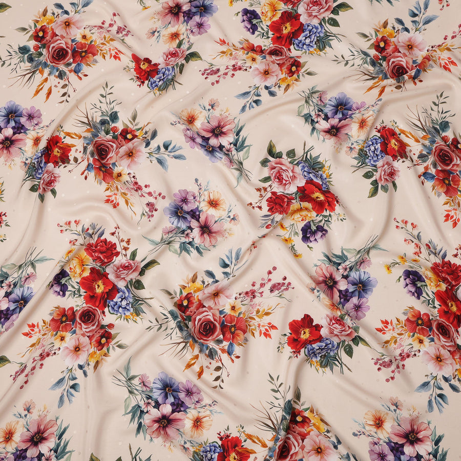باقة زهور كريمية متعددة الألوان مطبوعة على قماش حرير ساتان إيطالي فاخر، عرض 140 سم، إيطاليا - D24782