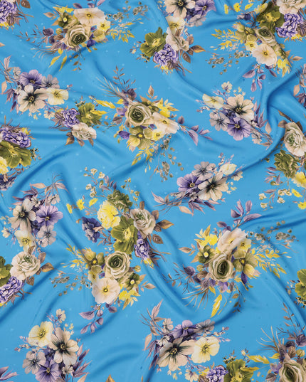 Blue Floral Bouquet Print on Premium Pure Italian Silk Satin Fabric, 140 Cms Width, Italy-D24781