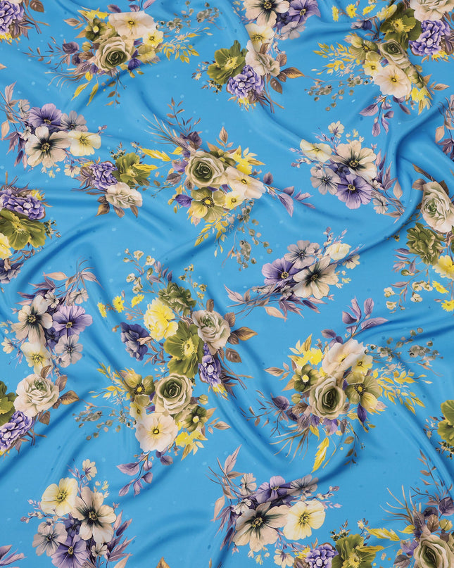 Blue Floral Bouquet Print on Premium Pure Italian Silk Satin Fabric, 140 Cms Width, Italy-D24781