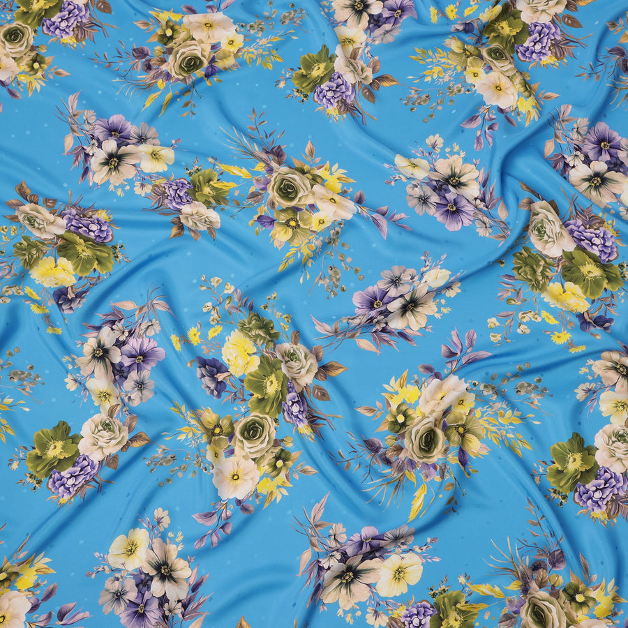 Blue Floral Bouquet Print on Premium Pure Italian Silk Satin Fabric, 140 Cms Width, Italy-D24781