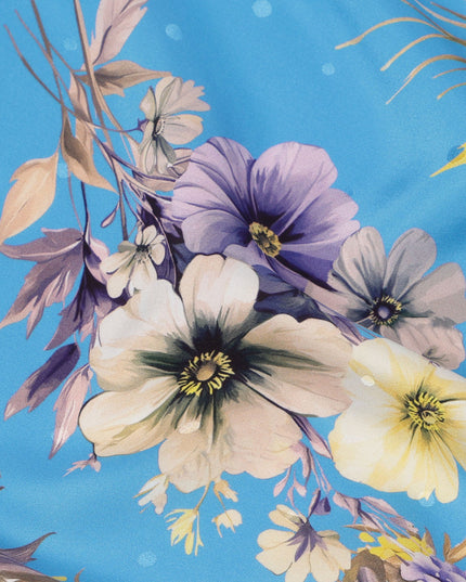 Blue Floral Bouquet Print on Premium Pure Italian Silk Satin Fabric, 140 Cms Width, Italy-D24781