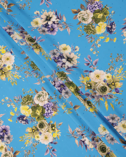 Blue Floral Bouquet Print on Premium Pure Italian Silk Satin Fabric, 140 Cms Width, Italy-D24781