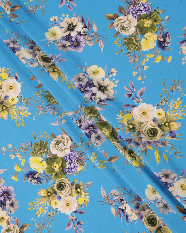 Blue Floral Bouquet Print on Premium Pure Italian Silk Satin Fabric, 140 Cms Width, Italy-D24781