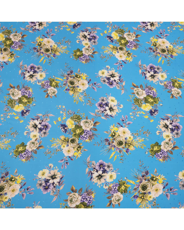 Blue Floral Bouquet Print on Premium Pure Italian Silk Satin Fabric, 140 Cms Width, Italy-D24781