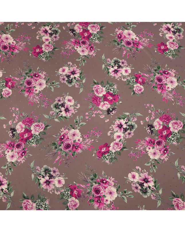 قاعدة بنية اللون مع طباعة باقة زهور وردية على قماش ساتان حريري إيطالي فاخر، عرض 140 سم، إيطاليا
 -D24783