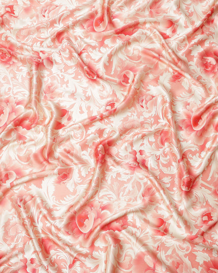 Peach and Cream Floral Damask Print on Premium Pure Italian Silk Satin Fabric, 140 Cms Width, Italy-D24778
