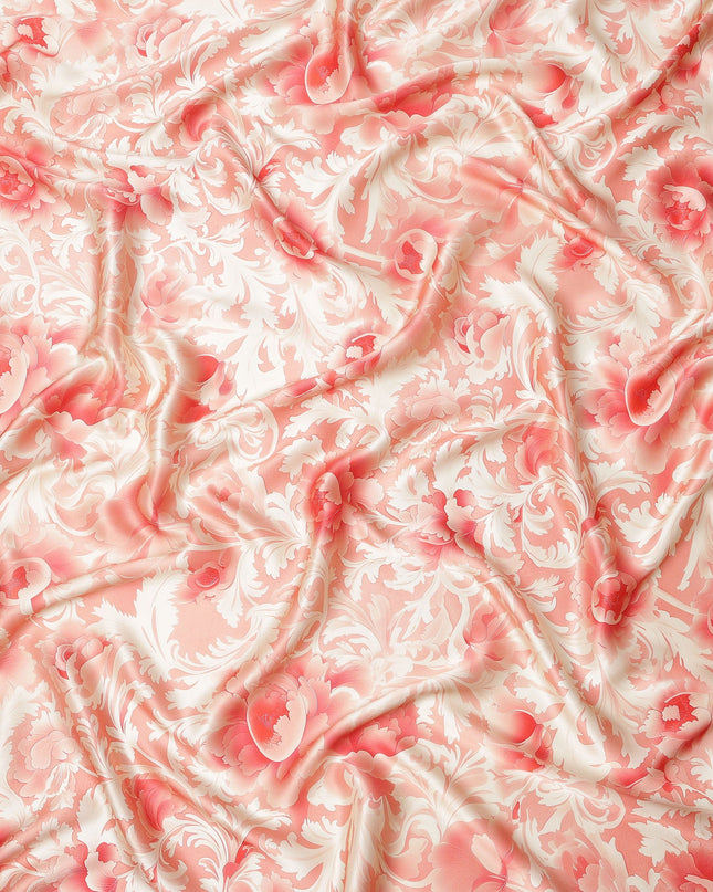 Peach and Cream Floral Damask Print on Premium Pure Italian Silk Satin Fabric, 140 Cms Width, Italy-D24778