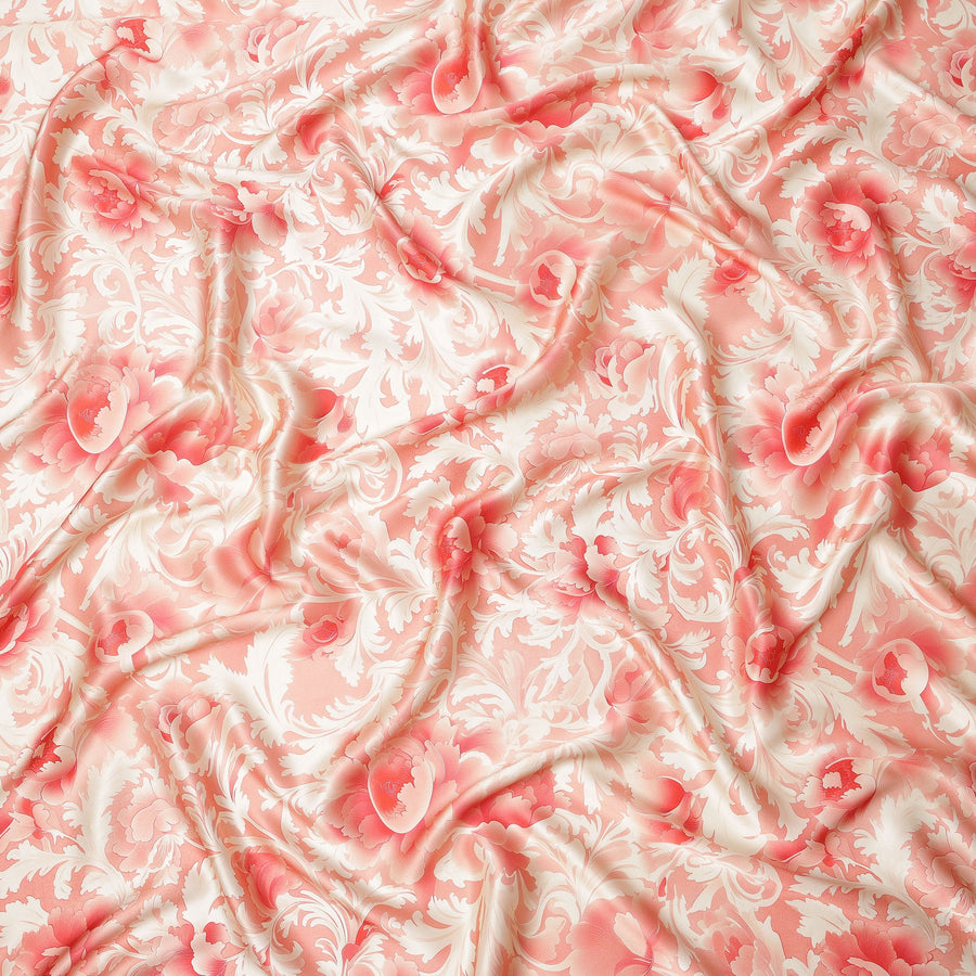 Peach and Cream Floral Damask Print on Premium Pure Italian Silk Satin Fabric, 140 Cms Width, Italy-D24778