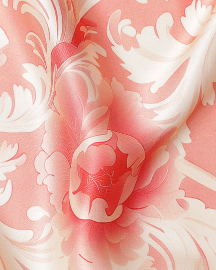 Peach and Cream Floral Damask Print on Premium Pure Italian Silk Satin Fabric, 140 Cms Width, Italy-D24778