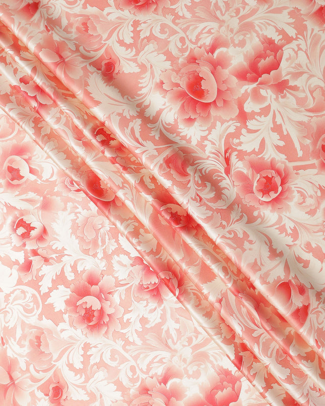 Peach and Cream Floral Damask Print on Premium Pure Italian Silk Satin Fabric, 140 Cms Width, Italy-D24778