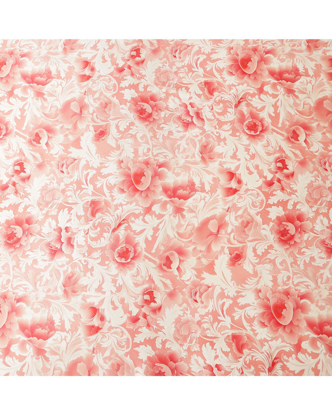 Peach and Cream Floral Damask Print on Premium Pure Italian Silk Satin Fabric, 140 Cms Width, Italy-D24778