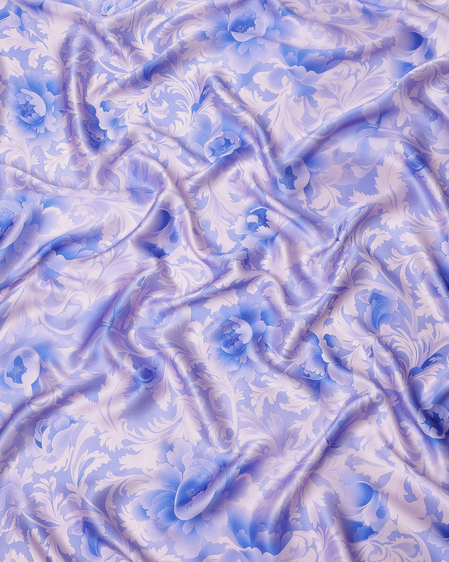 Blue and White Floral Damask Print on Premium Pure Italian Silk Satin Fabric, 140 Cms Width, Italy-D24780