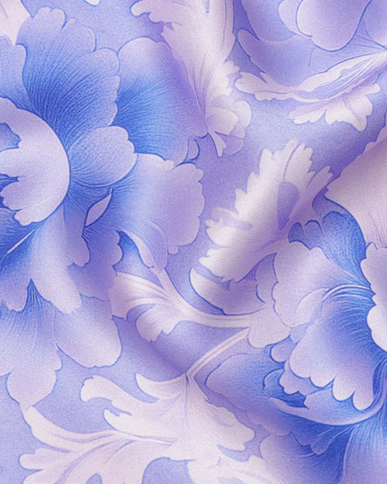 Blue and White Floral Damask Print on Premium Pure Italian Silk Satin Fabric, 140 Cms Width, Italy-D24780