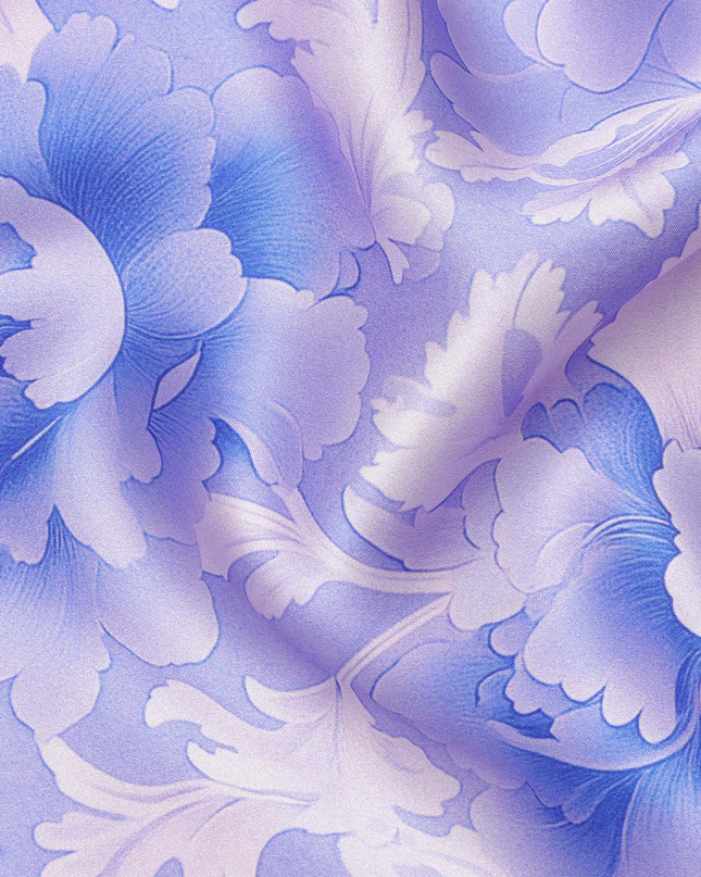 Blue and White Floral Damask Print on Premium Pure Italian Silk Satin Fabric, 140 Cms Width, Italy-D24780