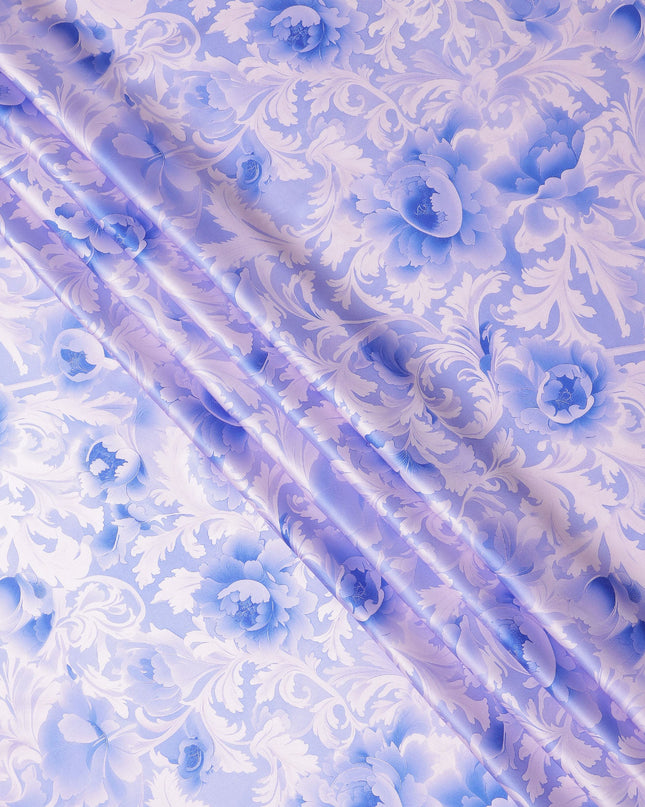 Blue and White Floral Damask Print on Premium Pure Italian Silk Satin Fabric, 140 Cms Width, Italy-D24780
