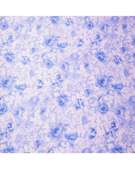 Blue and White Floral Damask Print on Premium Pure Italian Silk Satin Fabric, 140 Cms Width, Italy-D24780