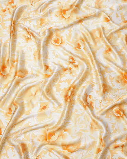 Yellow and White Floral Damask Print on Premium Pure Italian Silk Satin Fabric, 140 Cms Width, Italy-D24779