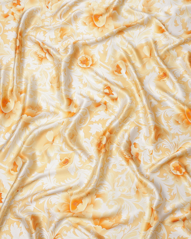 Yellow and White Floral Damask Print on Premium Pure Italian Silk Satin Fabric, 140 Cms Width, Italy-D24779