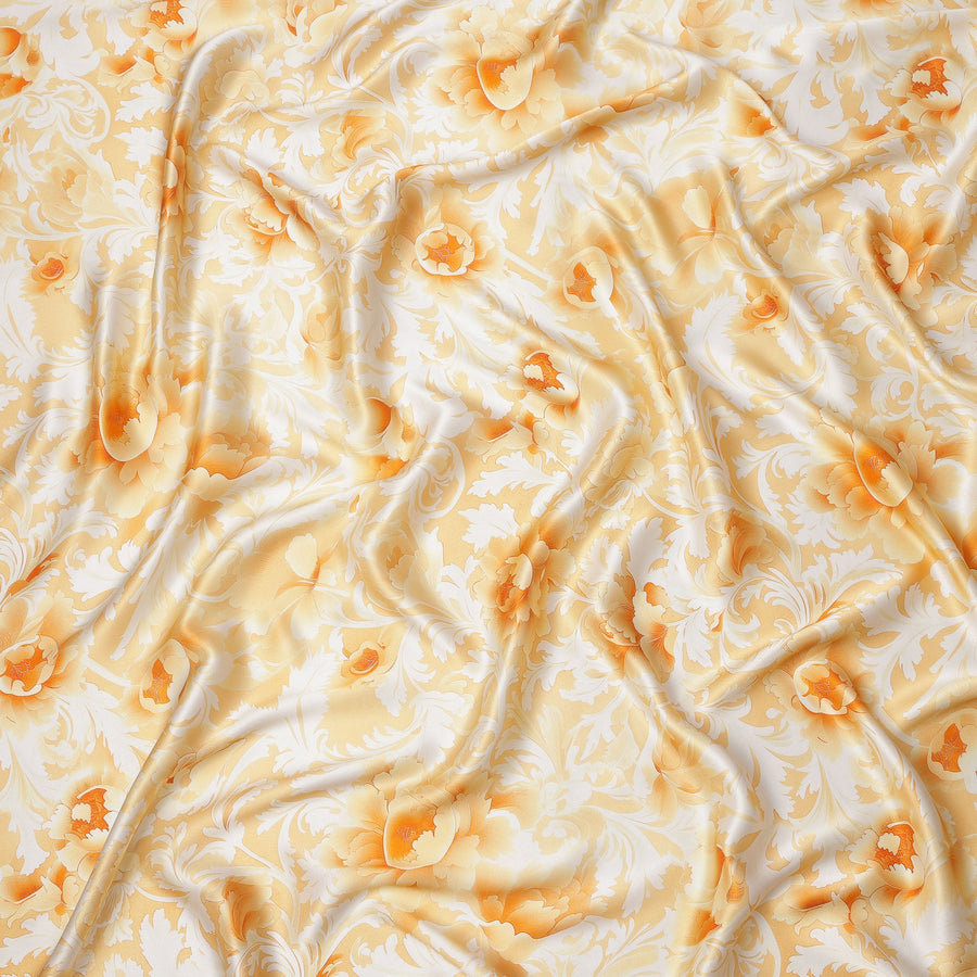 Yellow and White Floral Damask Print on Premium Pure Italian Silk Satin Fabric, 140 Cms Width, Italy-D24779
