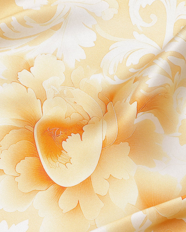 Yellow and White Floral Damask Print on Premium Pure Italian Silk Satin Fabric, 140 Cms Width, Italy-D24779