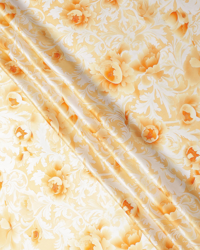 Yellow and White Floral Damask Print on Premium Pure Italian Silk Satin Fabric, 140 Cms Width, Italy-D24779