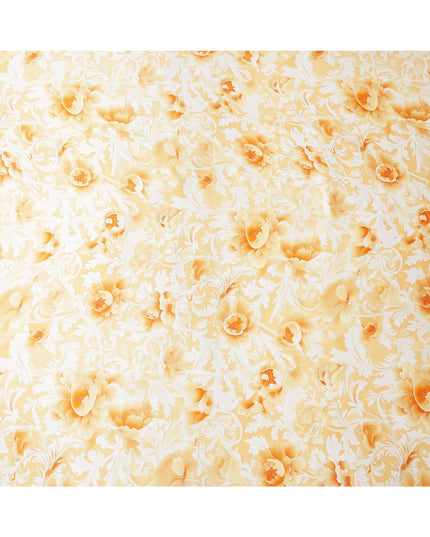 Yellow and White Floral Damask Print on Premium Pure Italian Silk Satin Fabric, 140 Cms Width, Italy-D24779