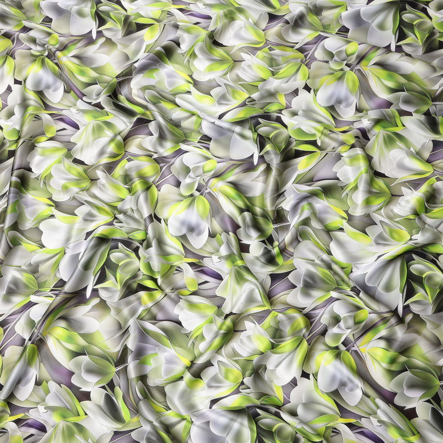 طباعة زهور تجريدية باللونين الأخضر والأبيض على قماش ساتان حريري إيطالي فاخر، عرض 140 سم، إيطاليا-D24775