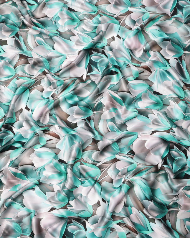 Aqua and White Abstract Floral Print on Premium Pure Italian Silk Satin Fabric, 140 Cms Width, Italy-D24777