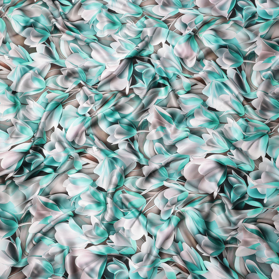 طباعة زهور تجريدية باللونين الأزرق والأبيض على قماش ساتان حريري إيطالي فاخر، عرض 140 سم، إيطاليا - D24777