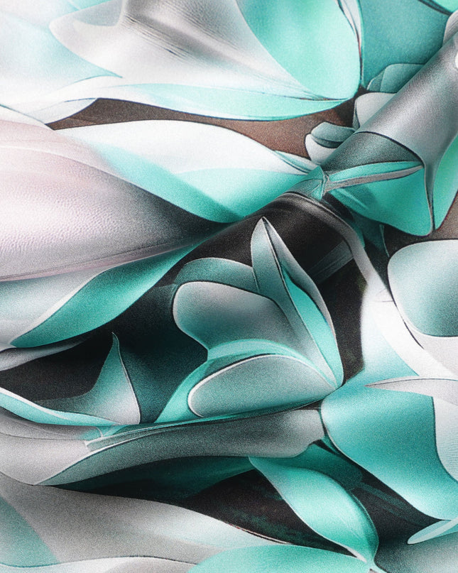 Aqua and White Abstract Floral Print on Premium Pure Italian Silk Satin Fabric, 140 Cms Width, Italy-D24777
