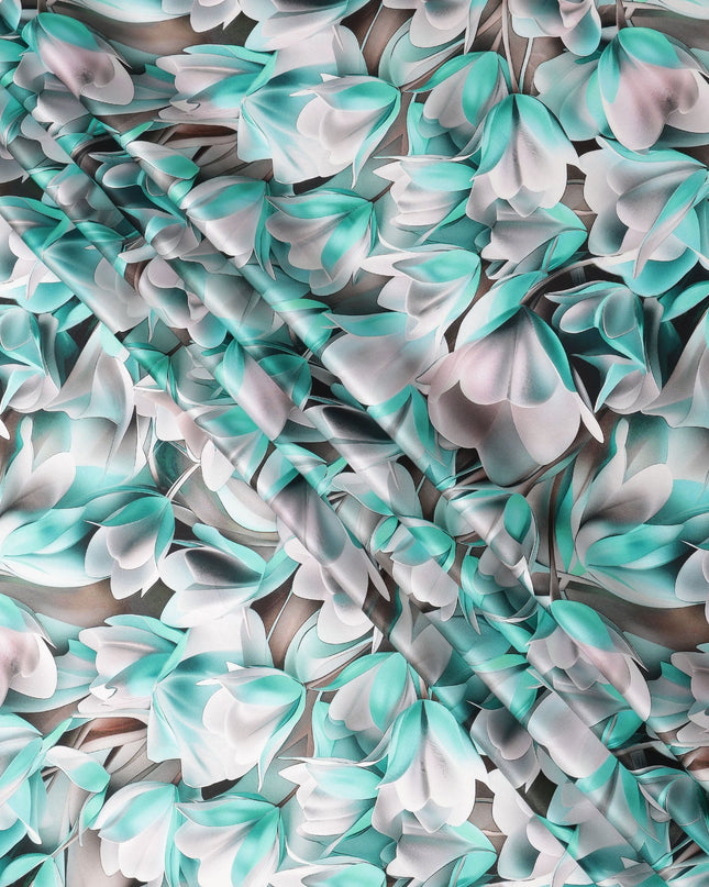 Aqua and White Abstract Floral Print on Premium Pure Italian Silk Satin Fabric, 140 Cms Width, Italy-D24777