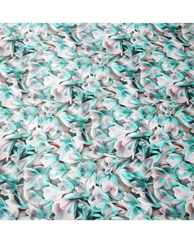 Aqua and White Abstract Floral Print on Premium Pure Italian Silk Satin Fabric, 140 Cms Width, Italy-D24777