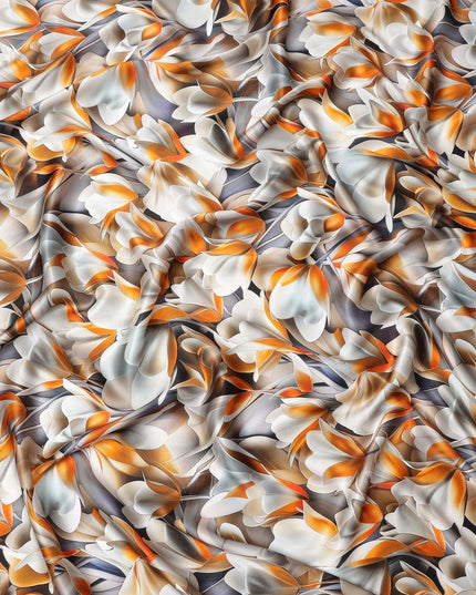 Orange and White Abstract Floral Print on Premium Pure Italian Silk Satin Fabric, 140 Cms Width, Italy-D24776