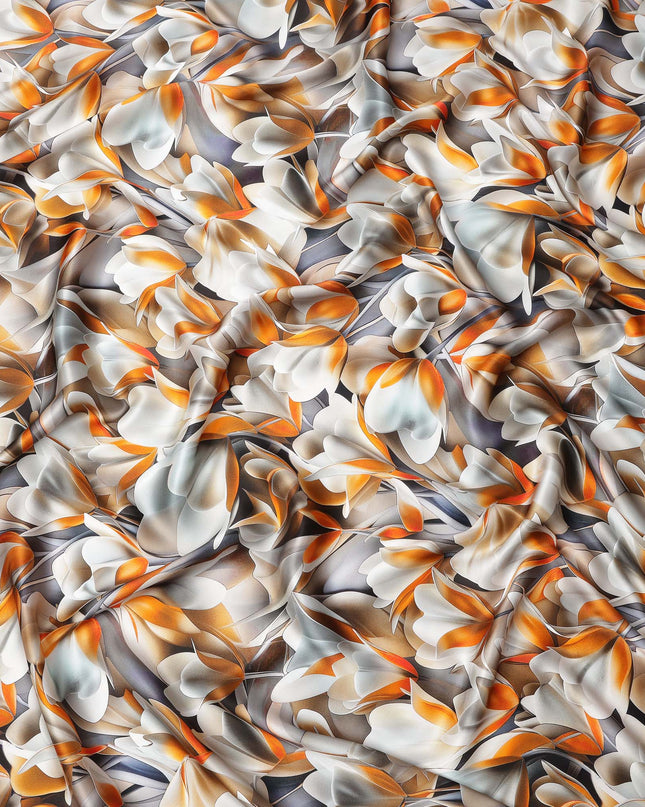 Orange and White Abstract Floral Print on Premium Pure Italian Silk Satin Fabric, 140 Cms Width, Italy-D24776