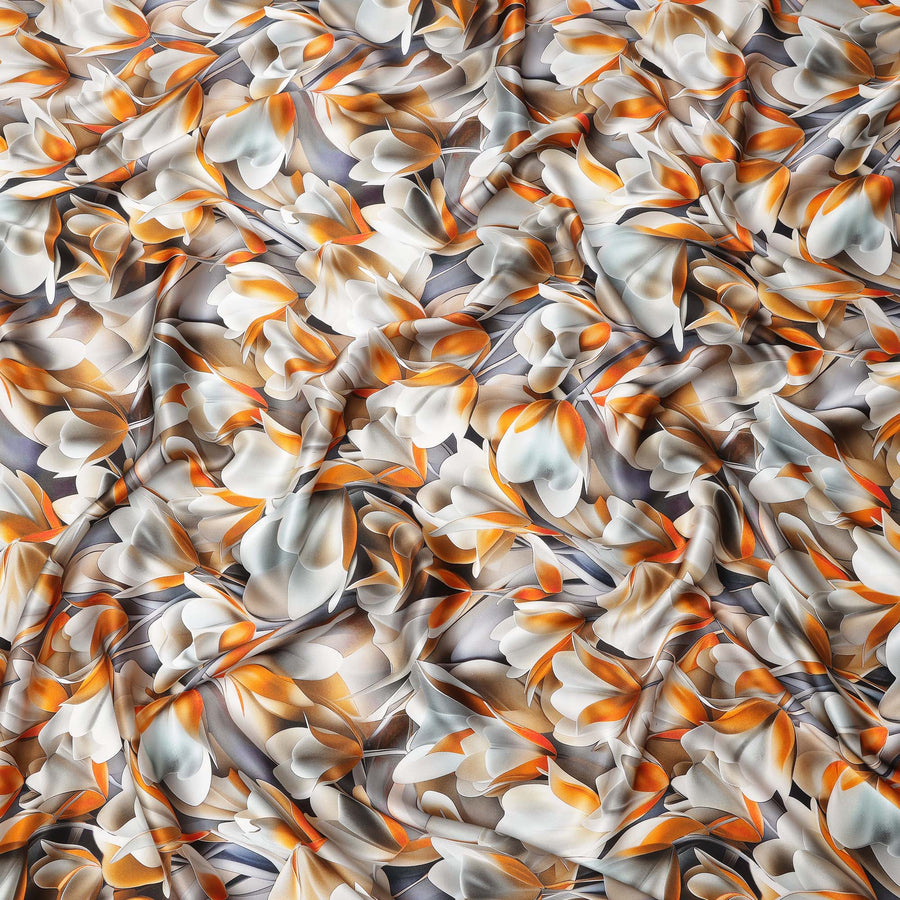 Orange and White Abstract Floral Print on Premium Pure Italian Silk Satin Fabric, 140 Cms Width, Italy-D24776